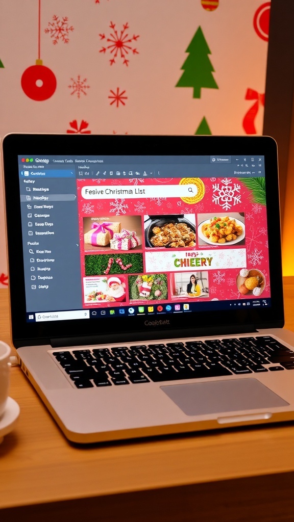 A laptop displaying a vibrant Christmas list presentation in Google Slides with festive decorations.